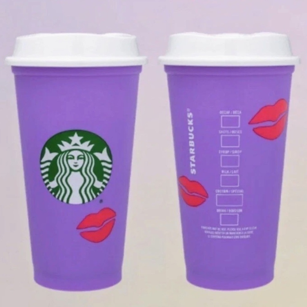 STARBUCKS Valentine's Day Lipstick Kiss Color Change Purple Reusable Hot Cup NEW